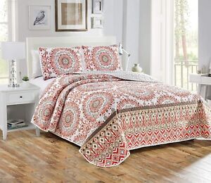 3 Pc Quilted Bedspread Floral Bedding Set Microfiber 2 Pillow Shams Modern Style