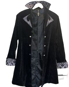 L BLACK VELVET vampire VEST/Coat Steampunk Pirate GOTH CROSS Zipper Gray Cuffs