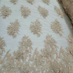 Champagne Beaded Lace 3d Floral Flowers Embroidered Scalloped Fabric By The Yard