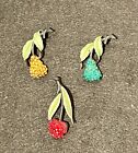 Vintage JJ Jonette Rare Rhinestone Set 3 ~ Fruit Brooch Pin ~ 1 1/2” Mothers Day
