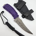Damascus Trailing Point Fixed Blade Knife Paracord Wrap Handle w/ Kydex Sheath