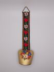 Vintage German Hand Painted Brass Cow Bell Colorful Embroidered Strap Rudesheim