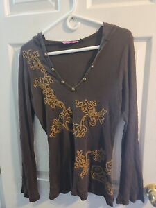 IDI By Mathew Embroidered Grommet hooded Blouse Shirt Small PRICED TO SELL