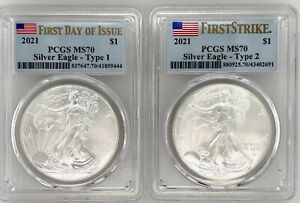 2021 American Silver Eagle Type 1 and 2 PCGS MS70 First Strike Flag Label 2 Coin
