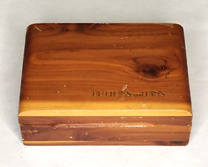 Vintage Cedar Wood Trinket Box Inscribed Buttons and Pins Hinged Lid 3.5x5.25x2
