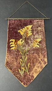 Antique Victorian Velvet Tapestry Wall Hanging on Brass Rod Hand Embroidered