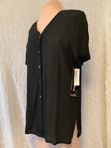 Women’s Sz M (Actual L) Oversized Black Top ~ Sag Harbor Button Short Sleeve NWT