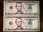 NEW Uncirculated Five Dollar Bills Series 2021 $5 Sequential Notes Lot of 2 🇺🇸