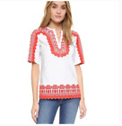 Tory Burch Red and White Embroidered Isla Eyelet Tunic Top Size 12