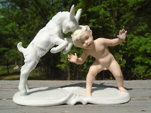 New ListingAntique Schaubach Kunst Wallendorf Porcelain Figurine Cherub Putti Boy w/ Goat
