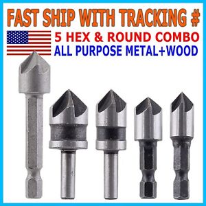 5pc Chamfer Countersink Deburring Drill Bit Set Crosshole Cutting Metal Tool Kit