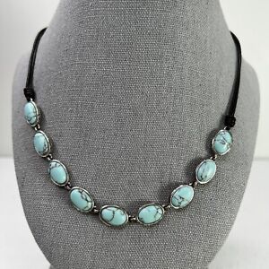 Vtg Fossil Turquoise and Silver Tone Necklace with Brown Leather Cord 18”-20”