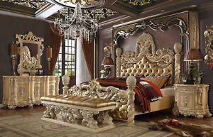 King Size 5 PC Luxury Bedroom Set Gold, Mirror, Dresser, 2 Nightstands Furniture