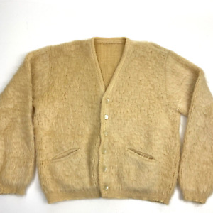 Mohair Vintage 60s Beige Yellow Shaggy Cardigan Sweater Grunge Kurt Cobain M/L