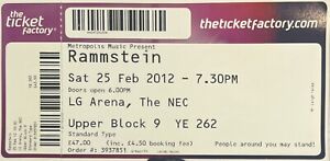 Rammstein - Birmingham, UK (2012) Original Concert Ticket