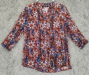 Women's Size M Bohemian Blouse 3/4 Sleeve Floral Paisley Button Up Shirt Pleated