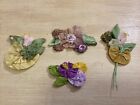 4 Vintage Ribbonwork Flower Pieces Silk Satin Roses Stamens Ombré
