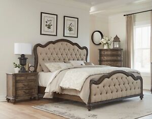 Traditional Formal 3pc Bedroom King Bed Chest Nightstand Set Vintage Brown Oak