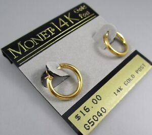 NOS Vintage 90s MONET Gold Tone Hoop Hinged 14k Gold Post Earrings 74V