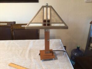 Leaded Slag Glass Table Lamp, Wooden Base, Works, 18” Tall