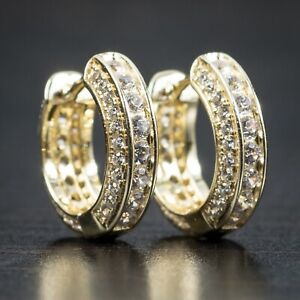 Fully Iced Yellow Gold Men's 5A Cz 14K Sterling Silver Small Mens Hoop Earrings