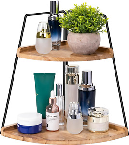 Corner Bathroom Counter Organizer - 2-Tier Wood Countertop Vanity Shelf for Bath