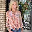 CABI 6081 GO TO Shirt Top Pink Coral Cream 3/4 Vneck  Polyester Lightweight