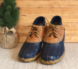 Vintage Women's LL BEAN LEATHER Low BLUE Duck BOOTS Made in USA Size 8 M EUC