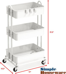 Simple Houseware Heavy Duty 3-Tier Metal Utility Rolling Cart,  White