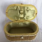 Vintage  Small Wicker & Wood Natural and White Woven Sewing Box Basket w Handle