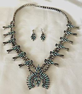 Vintage Zuni Wytsalucy Silver Needlepoint Turquoise Squash Blossom Necklace Set