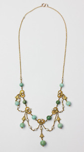 Antique Art Nouveau Festoon Necklace Turquoise Pearls 10K Gold, 1900