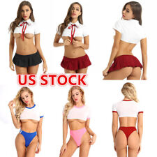 US Womens Schoolgirls Cosplay Costume Lingerie Set T-shirt Crop Tops Mini Skirts