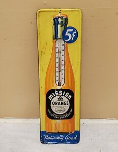 Vintage antique advertising thermometer .. MISSION ORANGE SODA .. 5 Cents rare