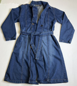 Details Denim Blue Button Down Belted Long Trench Coat Size Large