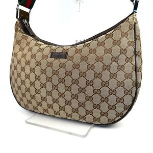 GUCCI GG Canvas Sherry Line Shoulder Bag Brown Red Green Authentic #0123