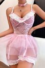 Sissy Chiffon Pink Skirt Satin Lingerie Set Lace Up Babydoll Panties Dress L XL