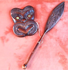 Vtg Hand Carved Māori Tiki God Face Mother of Pearl Eyes & Spear