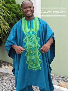 Turquoise Agbada Babariga 3 Pieces Men Groom Suit African Clothing for Men