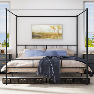TAUS Metal Bed Frame King Size Four Poster Canopy Platform w/Built-in Headboard