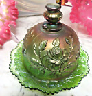 Vintage GREEN carnival glass Butter / Cheese keeper covered dish nice