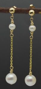 New 14K Solid Gold Cultured 7mm Pearl Drop/Dangle Earrings