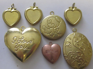 7 VTG MODERN PICTURE LOCKETS LOT HEARTS OVAL ROUND NOS PENDANTS CHARMS B