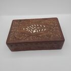 Vintage Hand Carved Floral Inlay Lined Wooden Jewelry Box India Storage Box