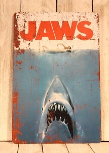 Jaws Movie Poster Tin Metal Sign Rustic Vintage Style Film Shark Theater Room