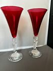 2 Cristal d'Arques NOEL XMAS Crystal Ruby Red Champagne Wine Flutes Glasses 9.5”