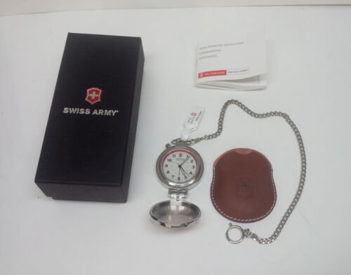 Swiss Army VICTORINOX 24725 Stainless Steel Pocket Watch w/Chain NOS NEW BATTERY