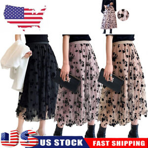 Women Pleated Long Skirt High Waist Tulle Sheer Net Ruffle Mesh TuTu Maxi Skirt