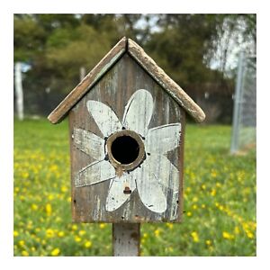 Vtg Wood BIRD HOUSE Shabby-French Country-White Distressed Paint-Wooden Daisy