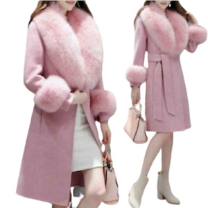 Big Fur Collar Women Party Coat Wool Cuff Jacket Outwear Belted Winter Warm Chic